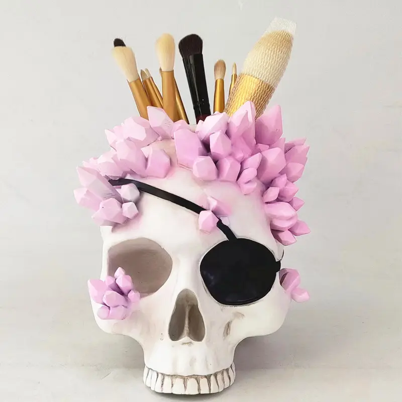 ハロウィーンの装飾化粧ブラシホルダーピンクの海賊の頭蓋骨の頭の像