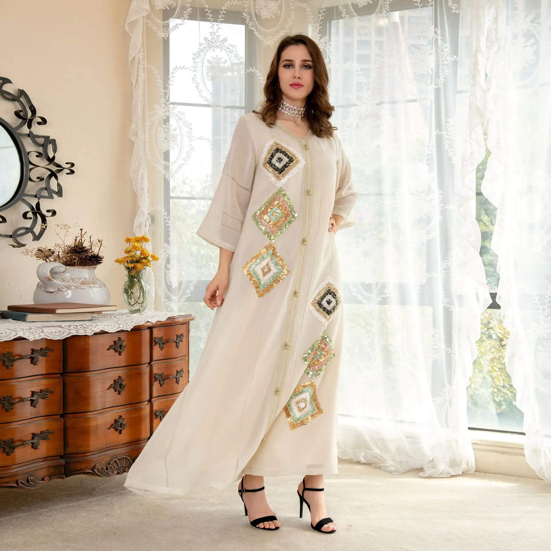 Abaya – robe en coton et lin pour femmes musulmanes, tenue de mode avec broderie perlée
