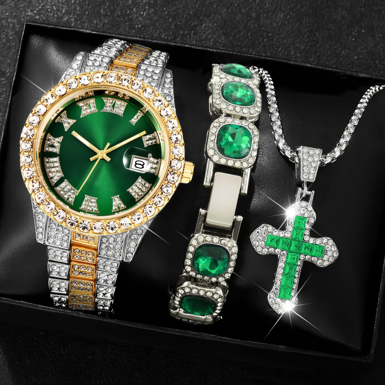 Silver gold green watch + silver green 2pcs ser