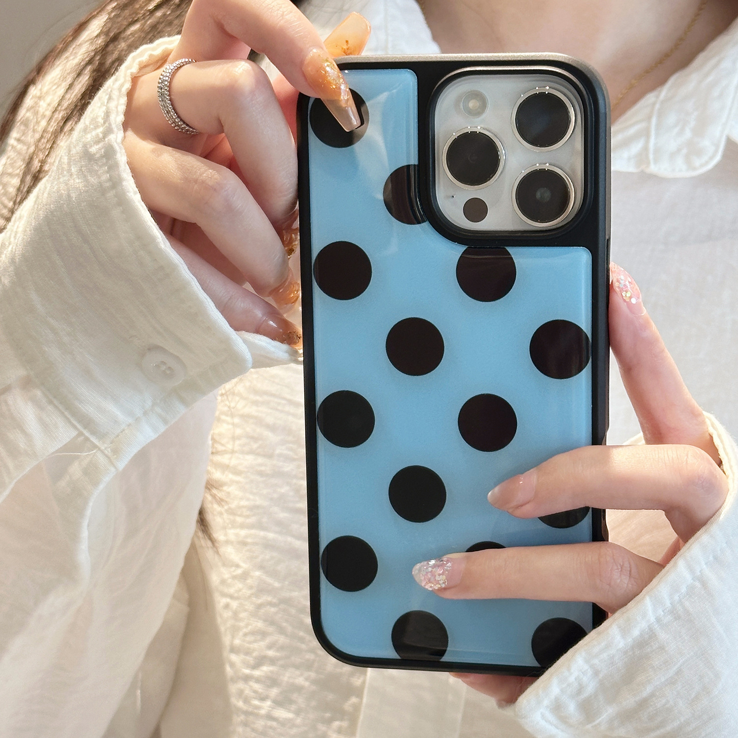 Black Navy Blue Polka Dots