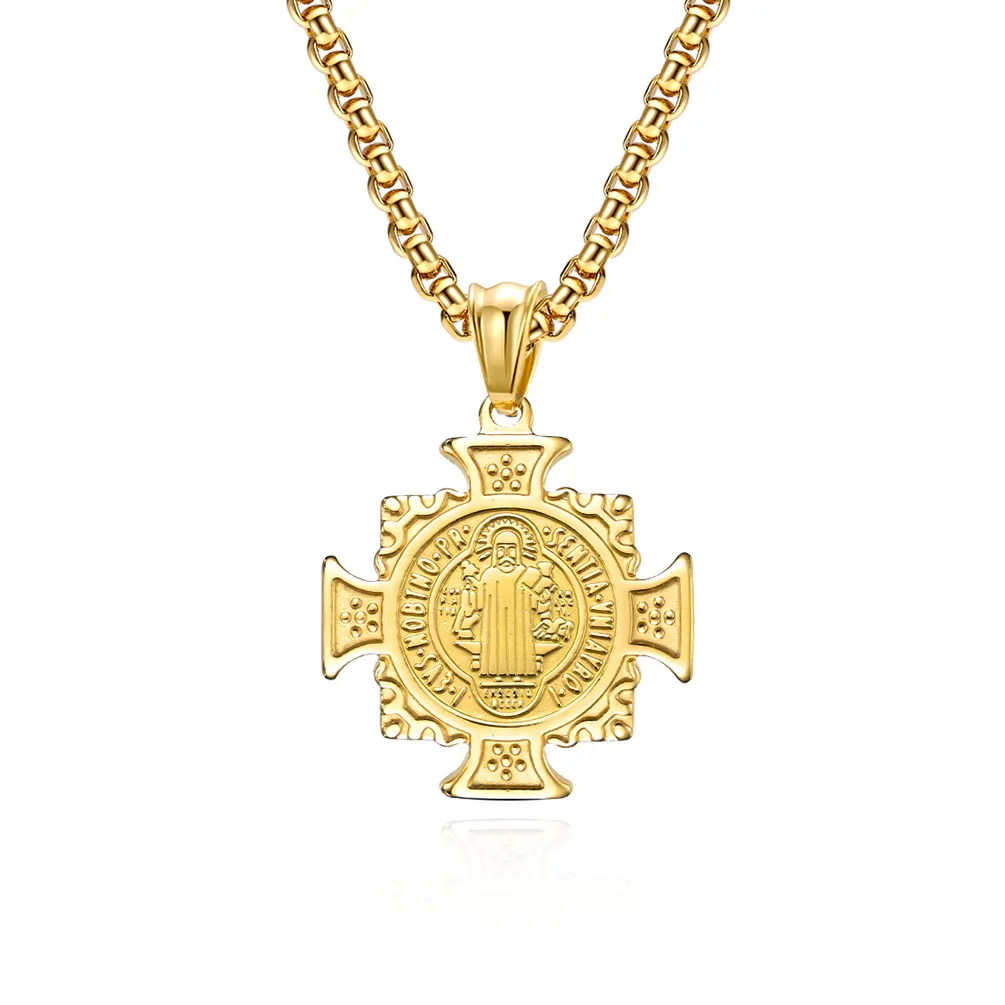 Joyería de acero inoxidable medalla y cadena Santo Benedicto Cruz colgante collar