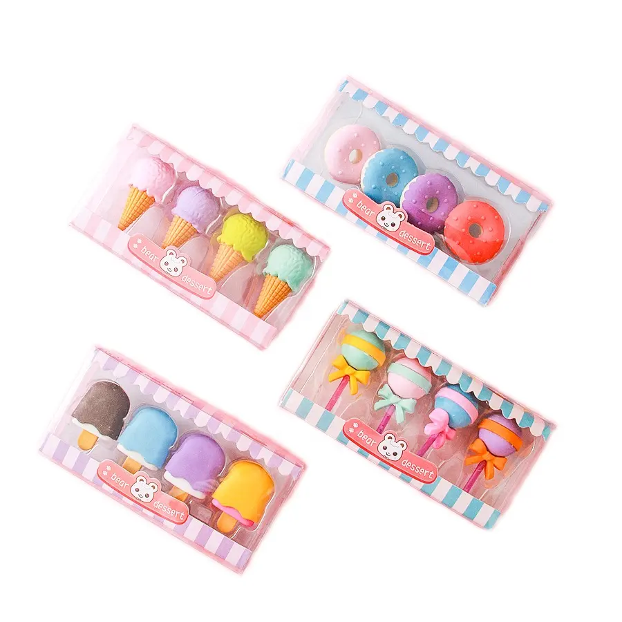 New 2023 New Stationery Cartoon 3d Dessert Candy Donuts Shape Kids Cute Puzzle Eraser Set for Kids