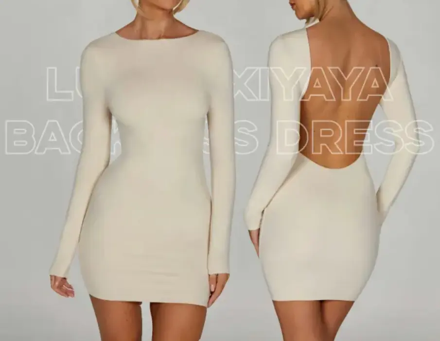 Luluxixiyaya Soft Clean Acabado Capas dobles Manga larga Bodycon Slim Fit U Backless Low Cut Back Sexy Mujeres Mini vestido