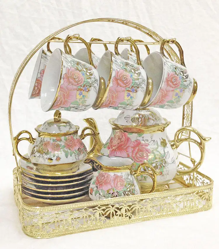 Conjunto de café da china com osso delicado, conjunto de 15 peças de copo de café, chaleira de chá, molhador, vintage europeu