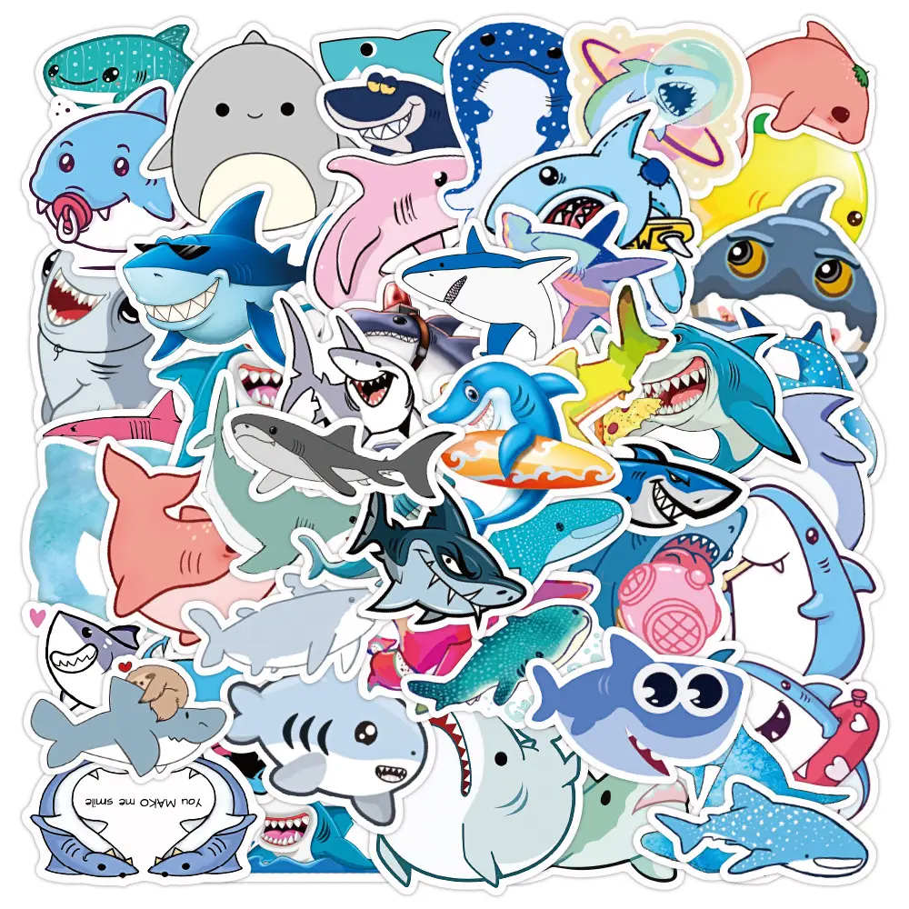 50Pcs Cartoon Shark Cute Decorative Stickers For Kid Home Wall Notebook Bottle Laptop Custom Label
