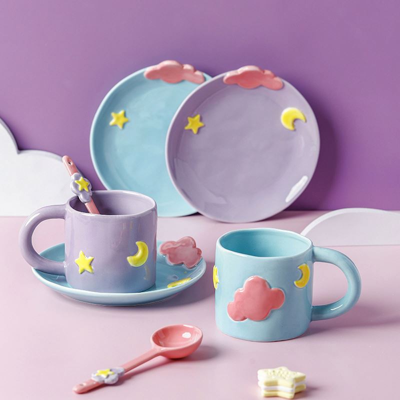 Zogifts sıcak satmak üretici bulut yıldız ay peri masalı sofra seramik kupa kapaklı bardak ve altlık - Product Image 4