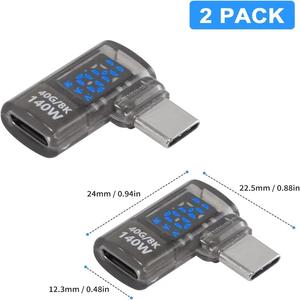 LEDディスプレイUSB C直角アダプター、2パックUSB C 90度アダプター40Gbps 140W 8K @ 60Hz、電流電圧ディスプレイテスターUSB C - Product Image 1