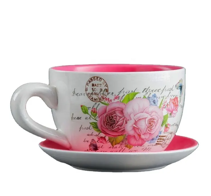 Tazza da tè e piattino personalizzati vaso da fiori fioriera in ceramica per tazza da tè vaso per piante grasse all'ingrosso con decalcomania per giardino interno ed esterno