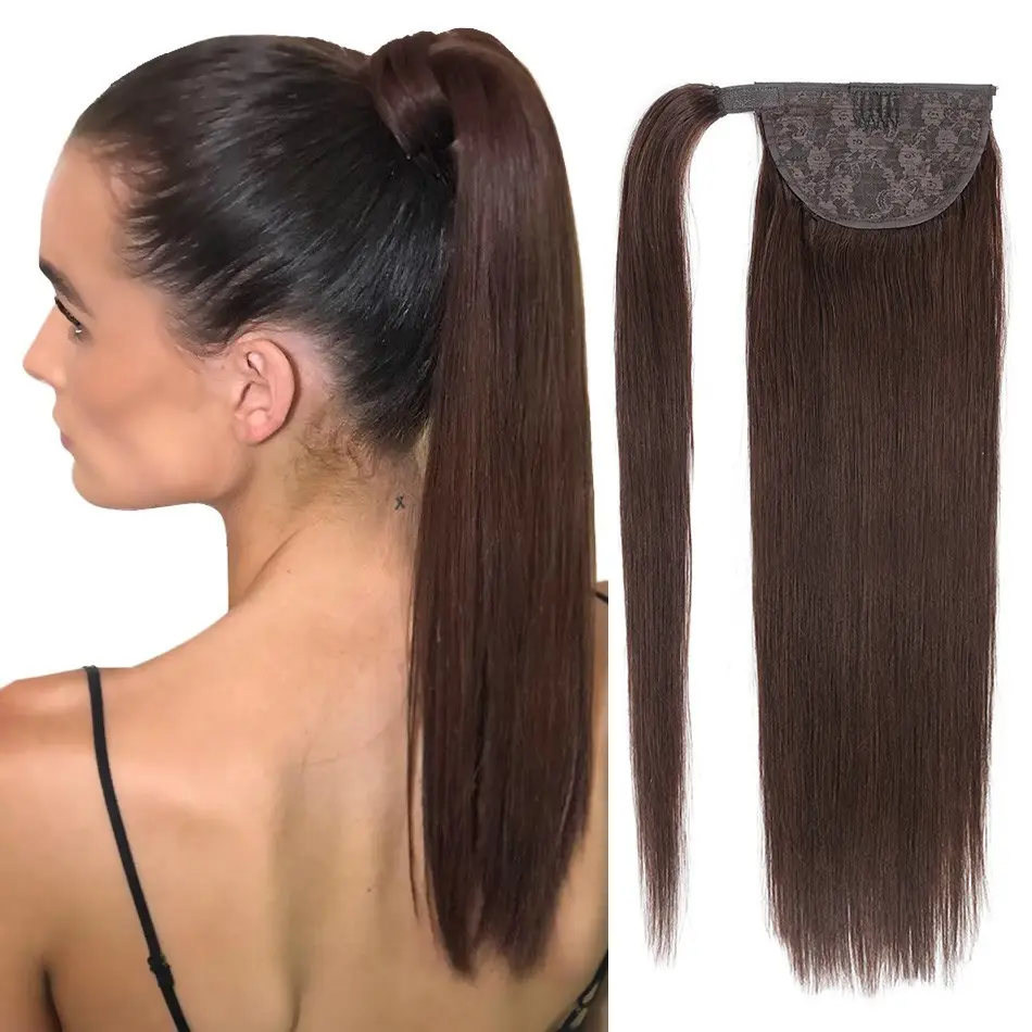 Ucuz Remy beyaz kadınlar için insan saç uzatma 100% Wrap klip at kuyruğu insan saç uzatma etrafında sarın