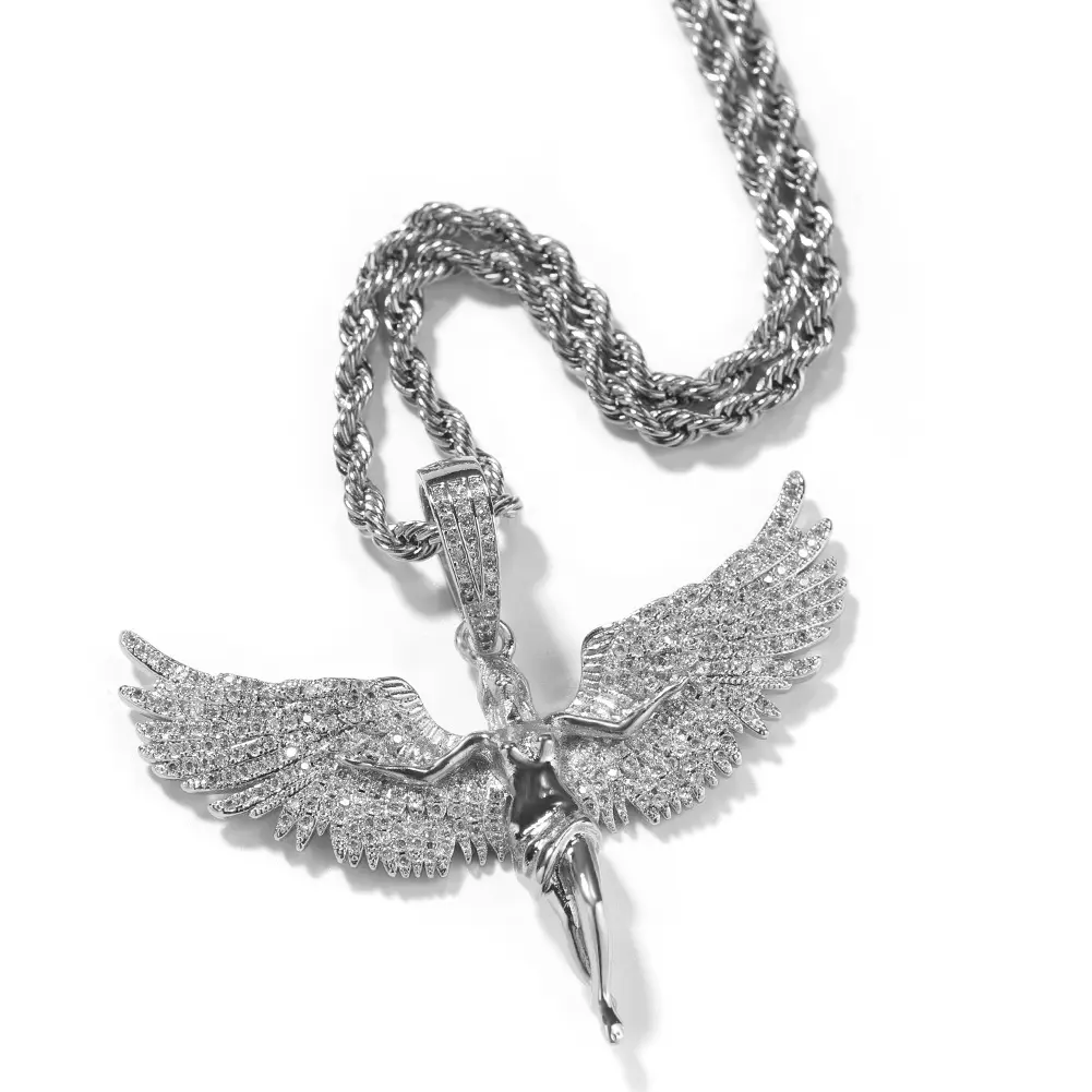 Style neutre rétro or clouté ailes d'ange hommes et femmes rap hip-hop collier