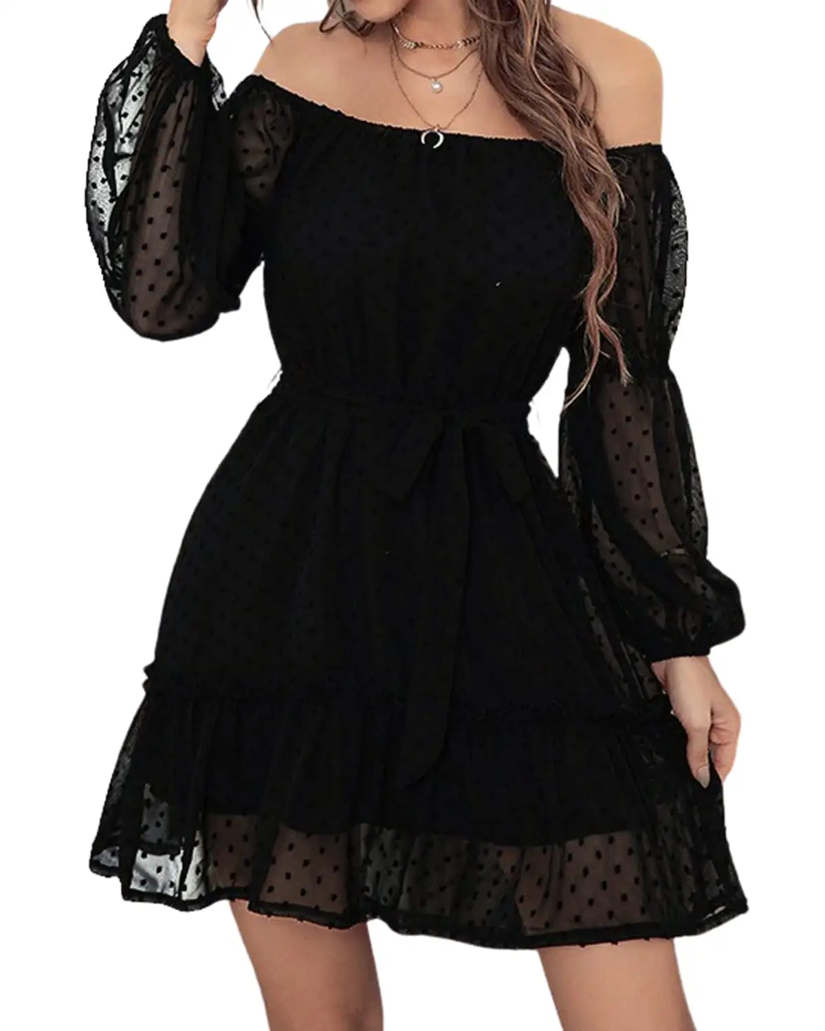 Женское шифоновое платье с открытыми плечами, платье с длинным рукавом и эластичным воротником, с подкладкой и поясом