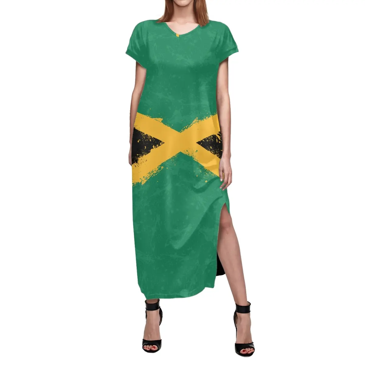 Vestido maxi de manga corta para mujer, vestido con abertura lateral y estampado colorido retro personalizado, Bandera de Jamaica, venta directa de fábrica, alta calidad