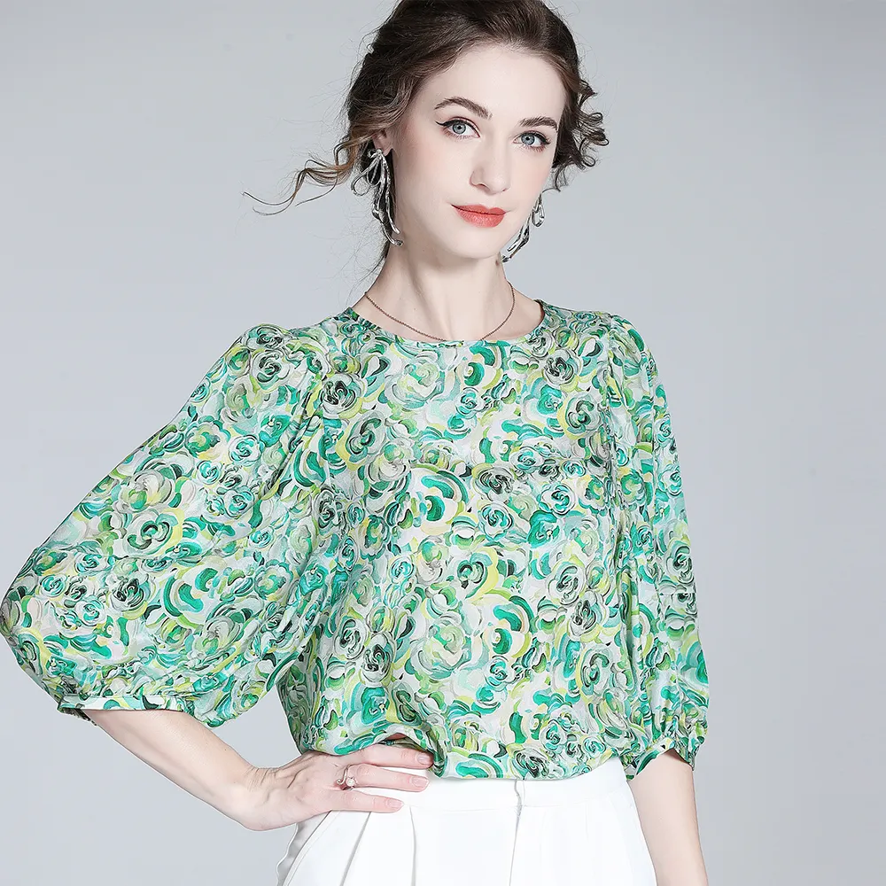 Tops de moda de gama alta boutique ropa de mujer 100% tops de seda verdaderos 6A para damas camisas y blusas florales de manga de burbuja para mujer