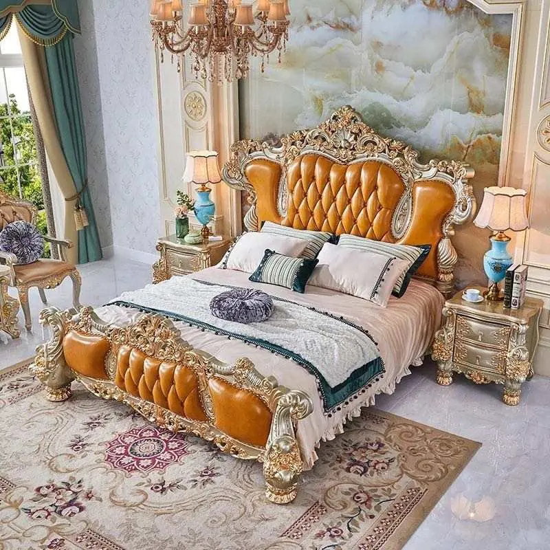 Modèle Antique cadre en bois massif avec cuir véritable King Size meubles de chambre à coucher