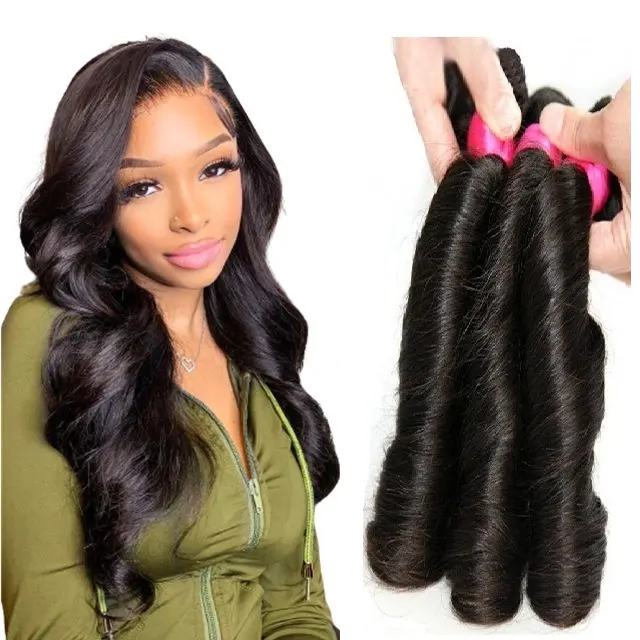 Venta caliente de rizos hinchables vendedores de extensiones de cabello humano al por mayor Funmi rizado teje paquetes de cabello humano peruano y brasileño