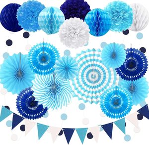 צבע כחול כהה pom פרחים poms, גרלנד מחרוזת polka נקודה ומשולש חבילות דגל בunting למארז יום הולדת ילד