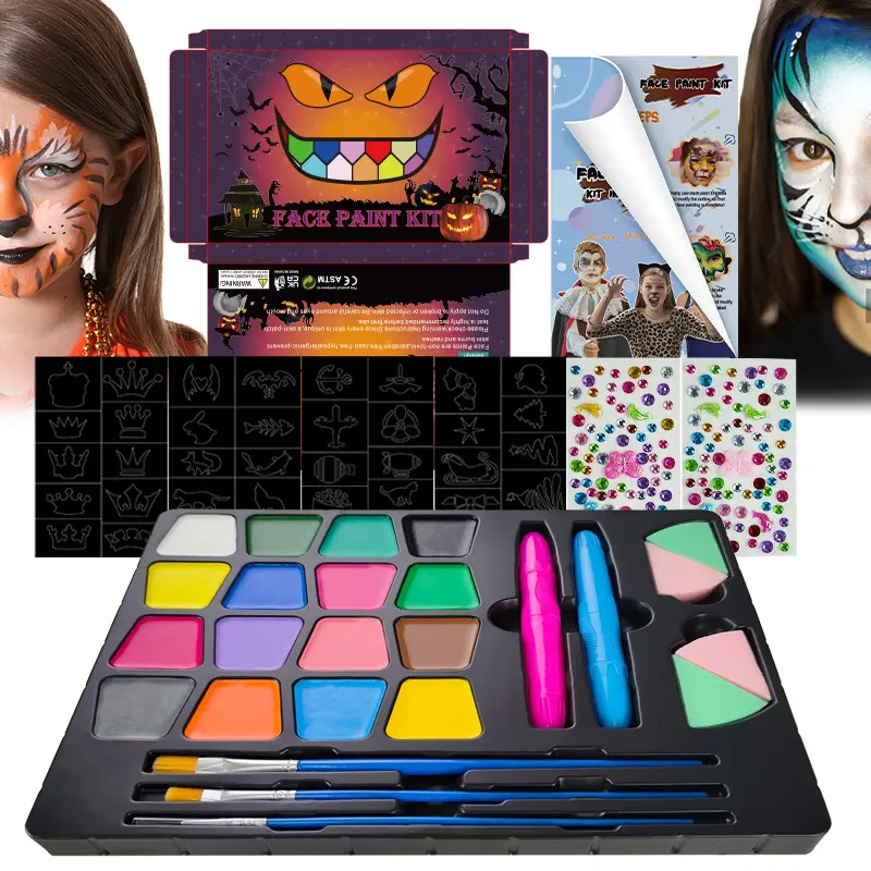 Khy kit de pinturas infantis, kit com 16 cores de maquiagem profissional para crianças, para meninas, neon, pintura de rosto e corpo, paleta