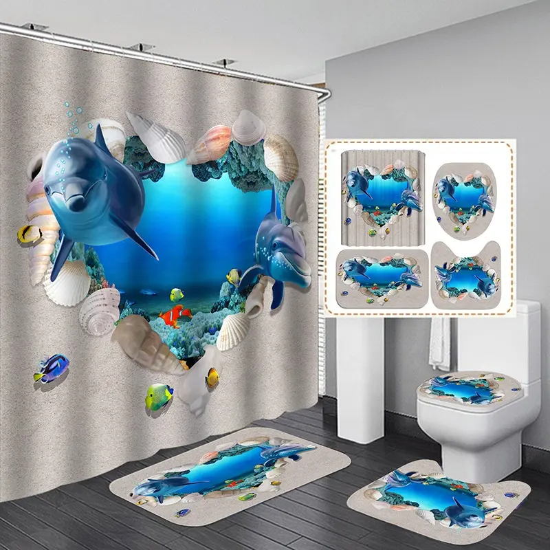 Rideaux de douche imperméables avec tapis et animaux de la mer bleu, poisson mignon, salle de bain, dauphin de l'océan, nouvel arrivage