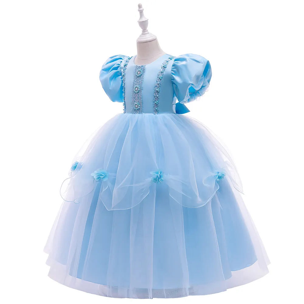 FSMKTZ Blue Color Elegant Girl Dress Summer Flower Dress for Kids Birthday Dresses Ball Gown Party Big Girls Costumes