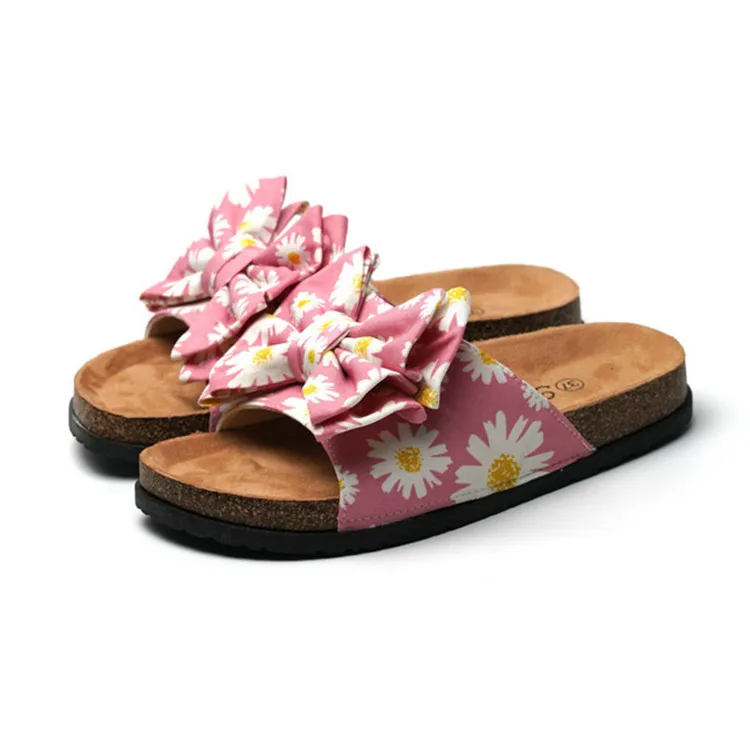2021 New Fashion Women Bow Sliders Sandal Summer Fancy Flat Sandals Slipper Beach Shoes EVA Sole Cork Slippers