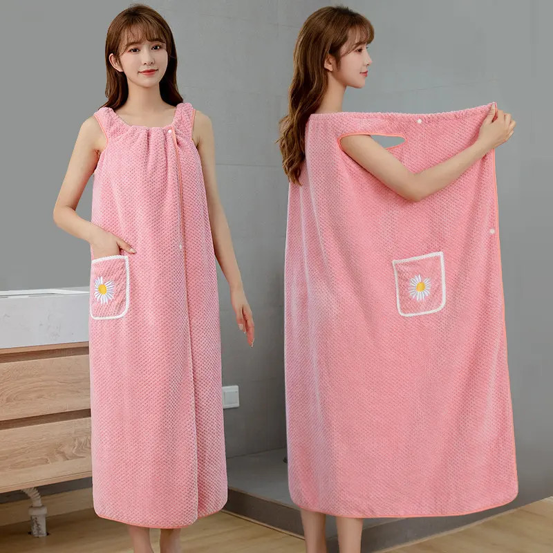 Falda de baño de terciopelo coral para mujer, albornoz suave, absorbente de agua, vestido de toalla de baño grande