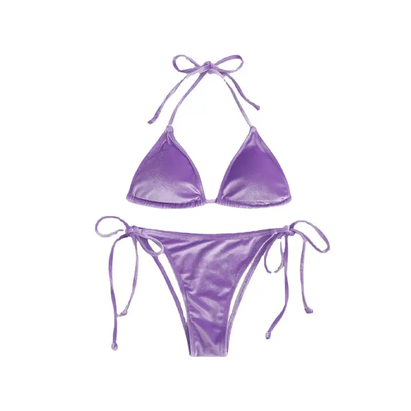 2023 Private Label Solid Micro String Bikini Set Cover Up Swimwear Beachwear Velvet Swimsuit
