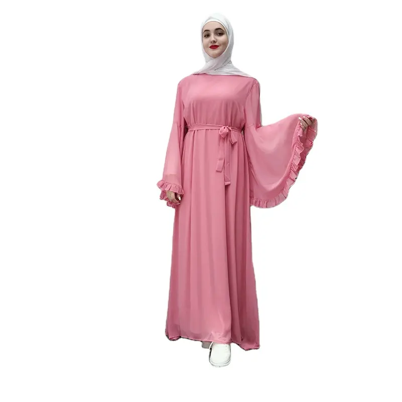 Hochwertiges Chiffon Muslim EID elegantes Kleid Islamische Frau Kleid mit Rüschen Indien Pakistan Kleid Großhandel
