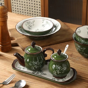 Винтажный зеленый богемный набор керамической посуды с ручной росписью подглазурные наборы посуды - Product Image 5