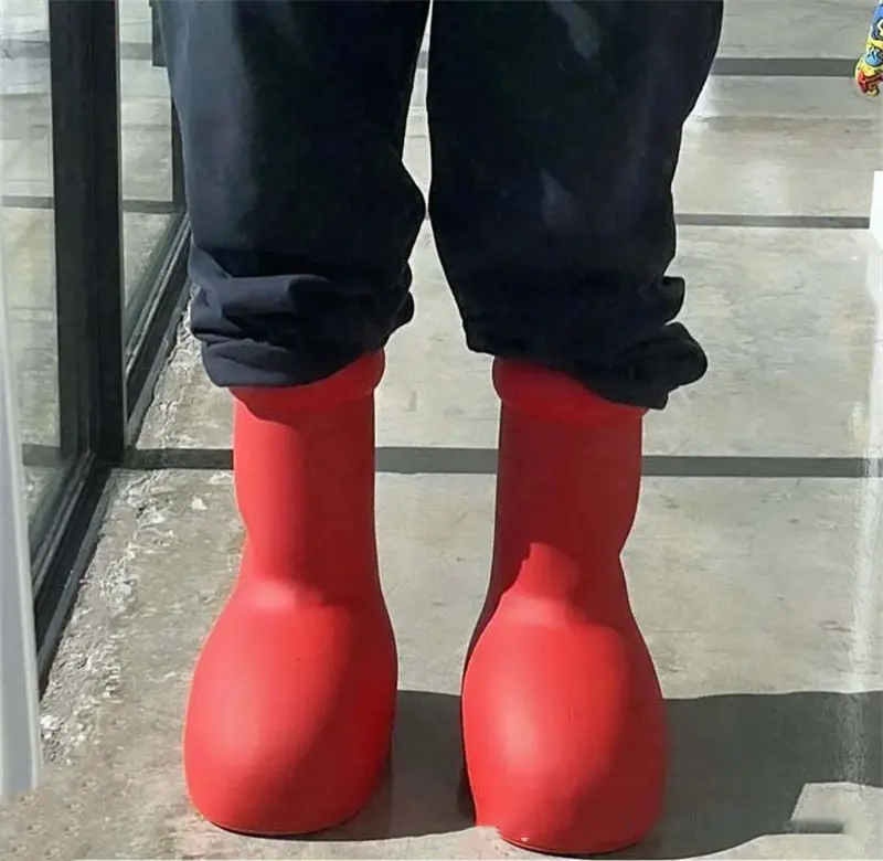 รองเท้าบูทกันฝนสีแดงส้นหนา,รองเท้าแบบสวมหัวมนรองเท้าแฟชั่นรองเท้าเดินสำหรับผู้หญิงและผู้ชาย