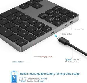 Teclado numérico ABS Bluetooth, teclado numérico inalámbrico recargable de 34 teclas, teclado numérico externo delgado para Macbook MacBook