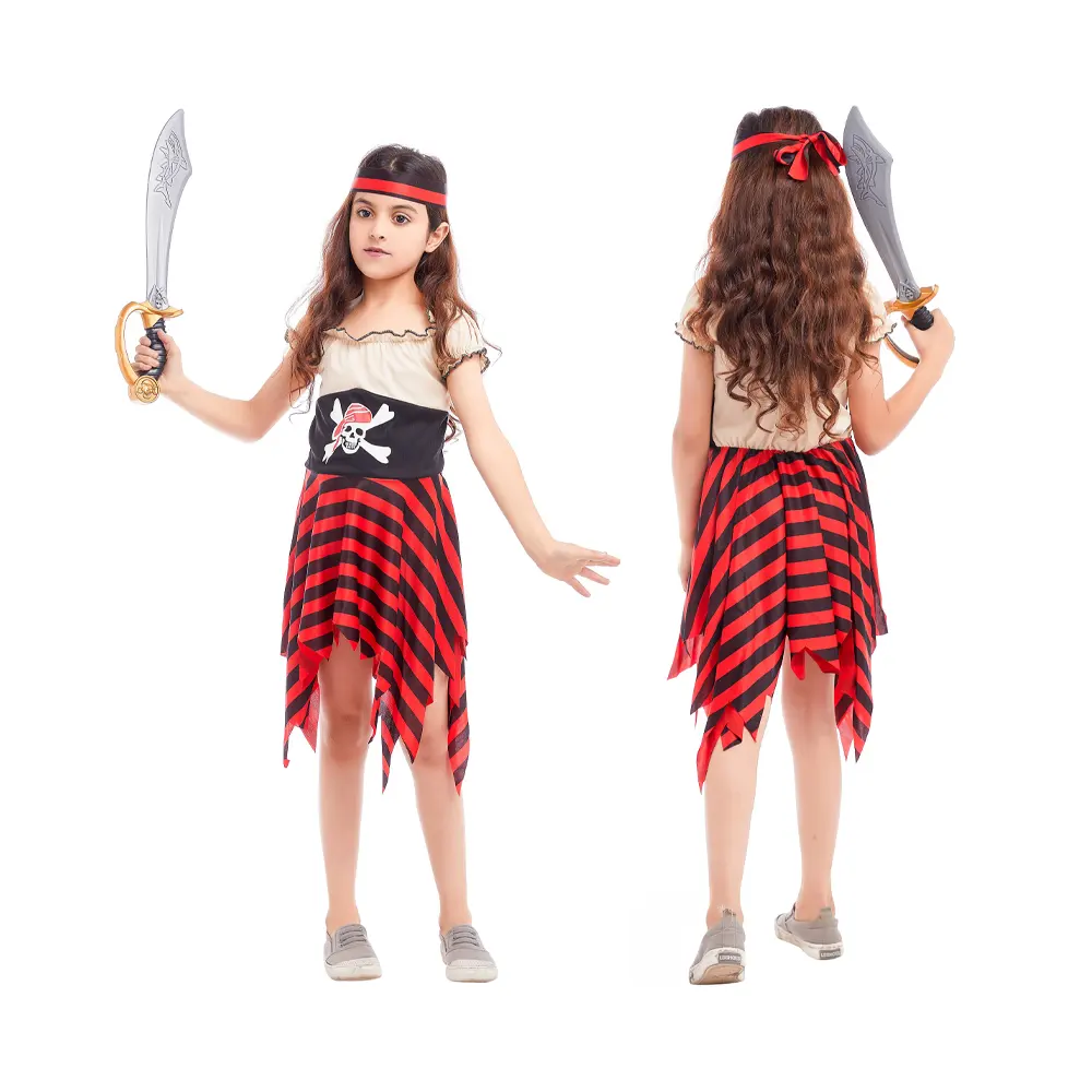 A buon mercato Halloween pirati caraibi gessato teschio stampato per bambini vestito con fascia Cosplay Costume per ragazze