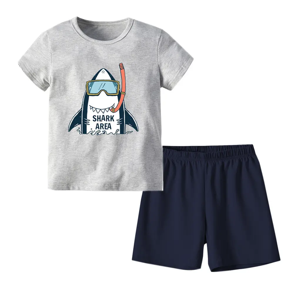 Trajes de dormir de noche de verano para niños, incluida la camiseta gris con patrón de tiburón de dibujos animados y pantalón