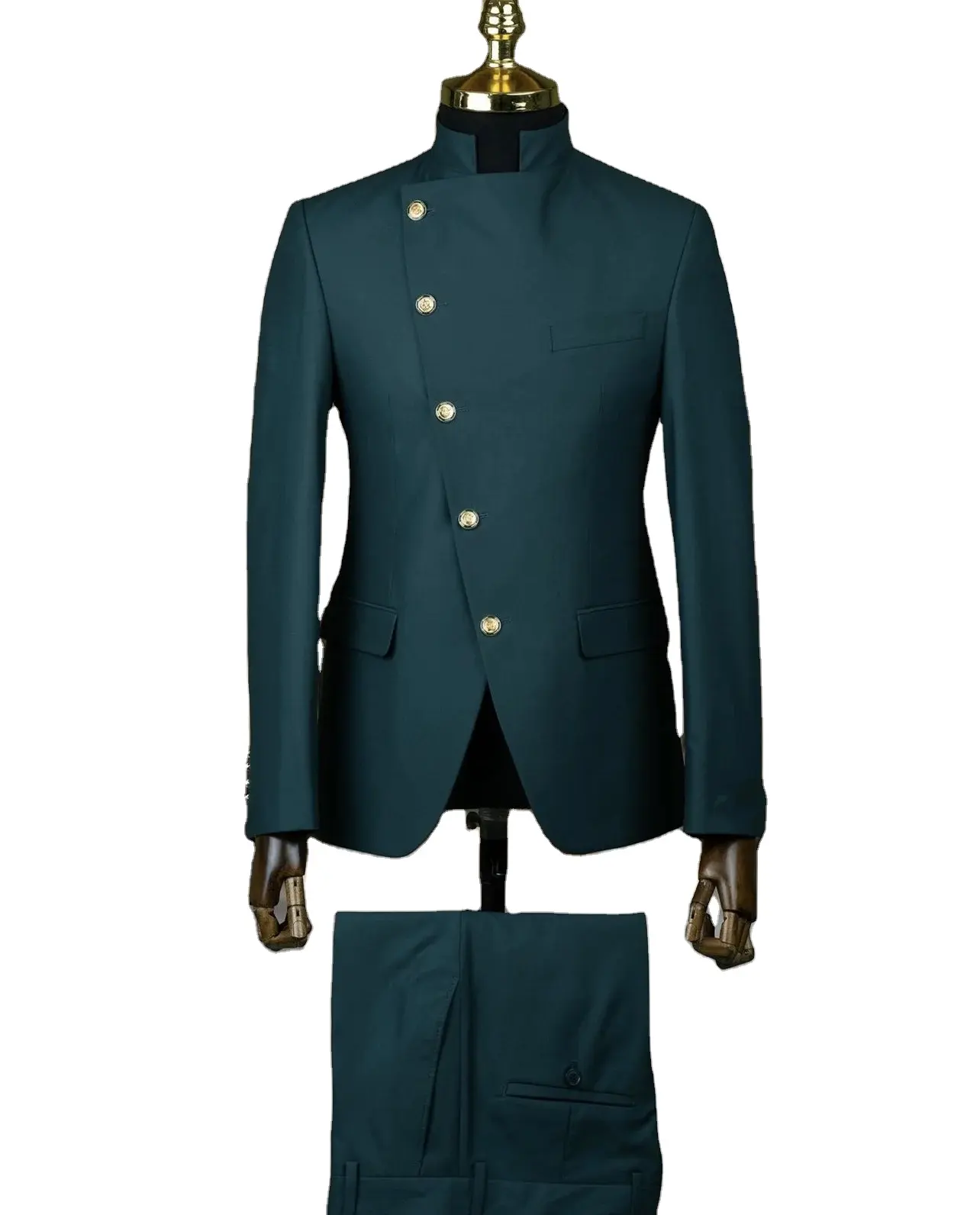 ชุดแต่งงานสีเขียวเข้มสำหรับผู้ชายชุด2ชิ้นทางการชุดอินเดียทรงสลิมฟิตพร้อมกระดุมสีทอง5เม็ด
