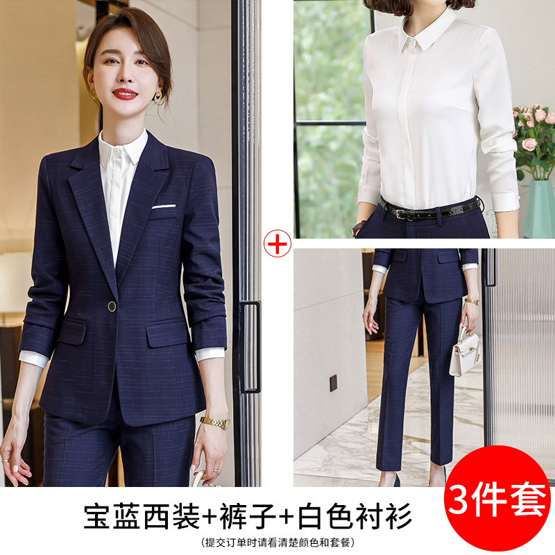 Royal blue suit, white shirt and trousers