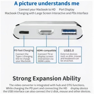 旅行适配器计算机硬件软件3.1类型C至4K HDMI USB 3.0 3合1 USB C扩展坞集线器 - Product Image 3
