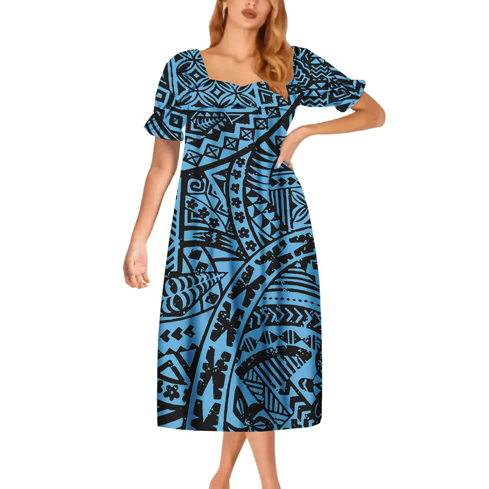 Custom on demand manica a sbuffo big size hawaii tropical print princess dress for girl samoa polinesiana tatau design mumu dress