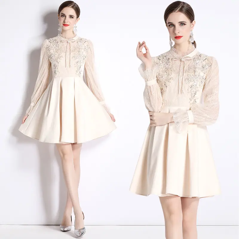High Quality Royal Court-Inspired Gown Lace French Vintage Luxury Long Sleeves Mini Dress