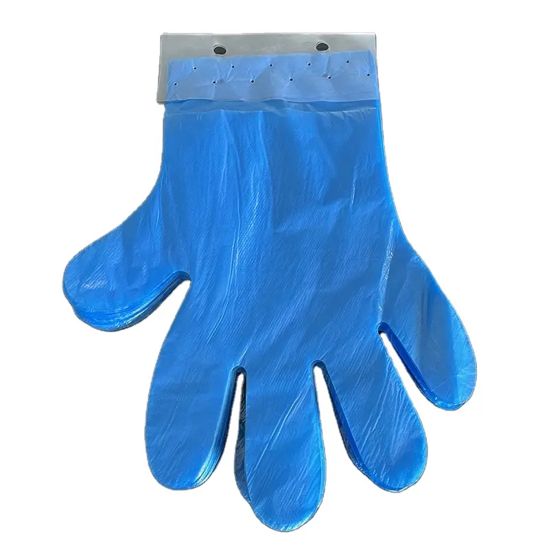 Guanti in HDPE con foro per appendere e con perforazione per strappare i guanti dalla confezione