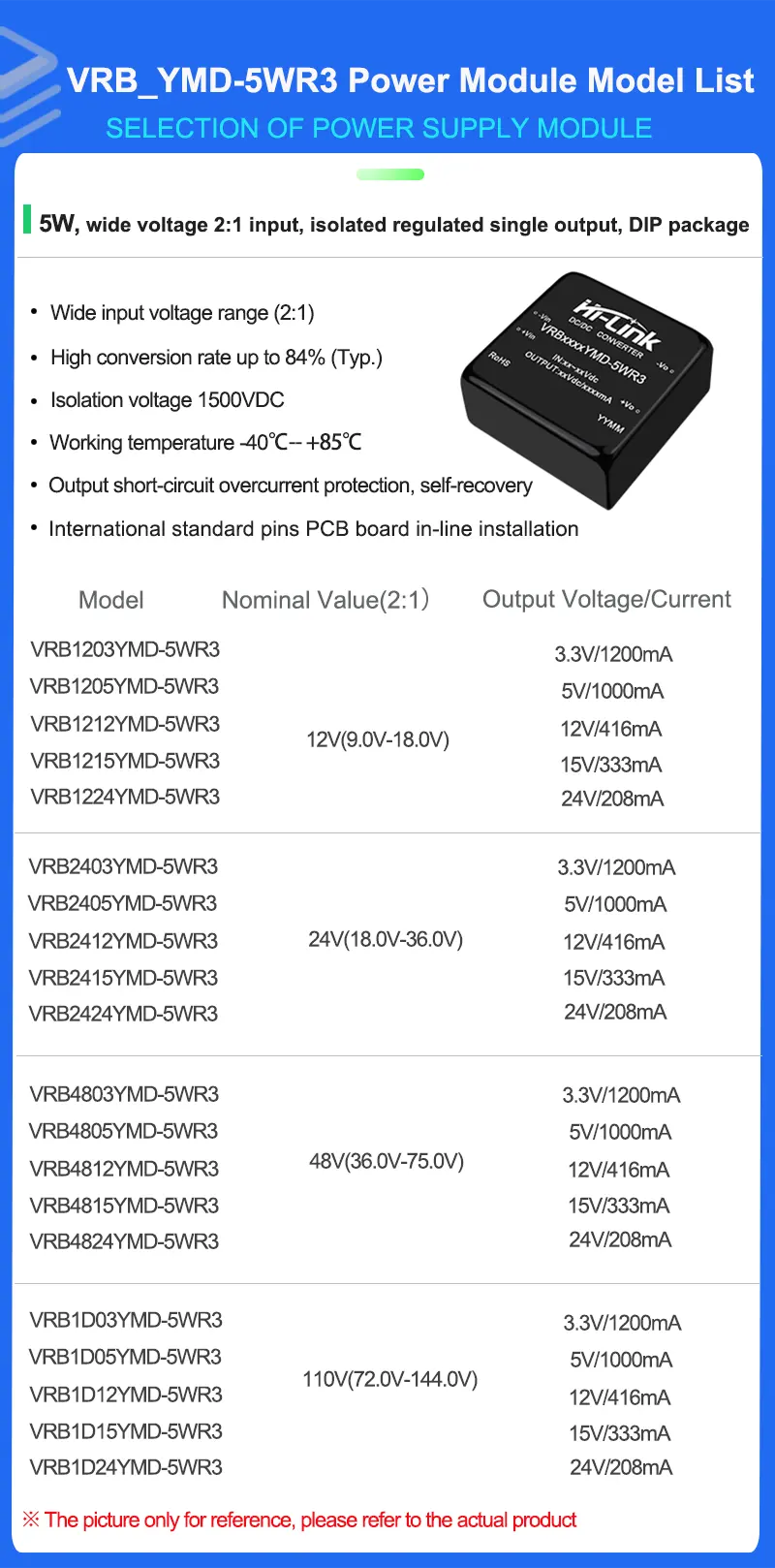 Hi-Link VRB1224YMD-5WR3 DC zu DC 24V 5W 208mA Step Down Mini-Netzteil modul Konverter Intelligenter Haushalts schalter Power Mo