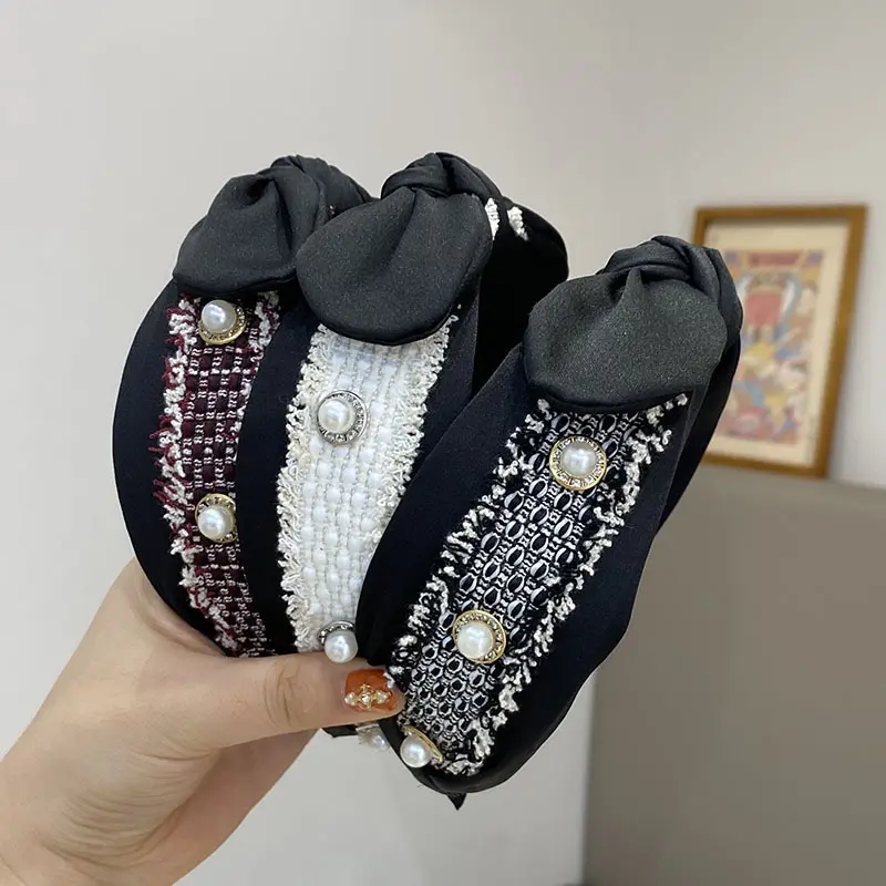 Diademas acolchadas de tela y perlas para niña y mujer, accesorios para el cabello negros anchos de lujo, Diadema con lazo de temperamento para mujer