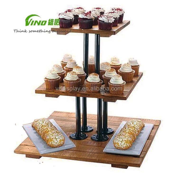 Custom bakery display stand wood and metal 3 tiered stand for cupcake bread boutique rustic cake stand display