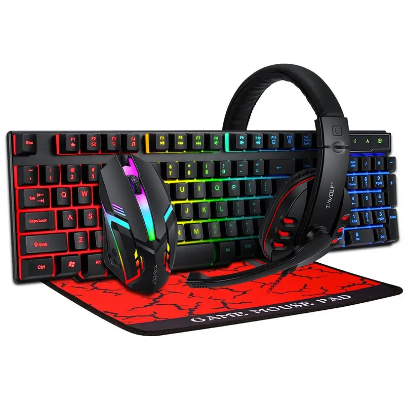 TF800 Rainbow backlit teclado colorido backlit mouse de tamanho grande mousepad gaming headset pad jogo 4 em 1 combo set