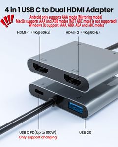 Fophmo USB-C <strong>Dual</strong> for <strong>HDMI</strong> Adapter 100W PD Charging Extend 2 Displays 4K 60Hz USB-A Port for Video Splitters Converters