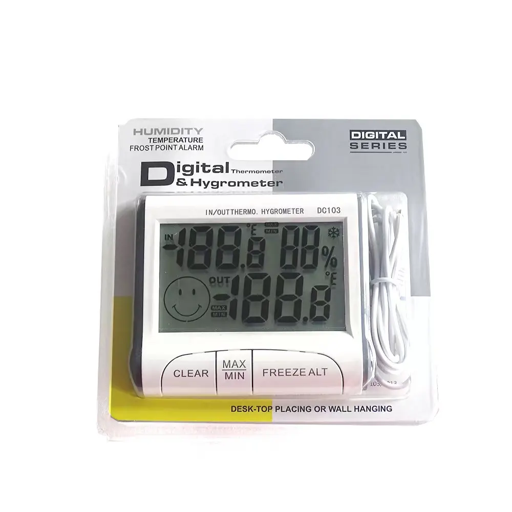 Termômetro e higrômetro digital portátil dc103, termômetro e higrômetro com sonda e função de relógio