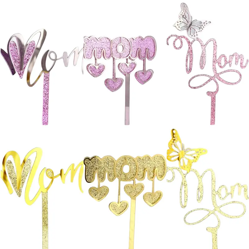 Ychon happy mother's day cake decorations glitter acrylic mom cake toppers butterfly cupcake toppers for mother's day