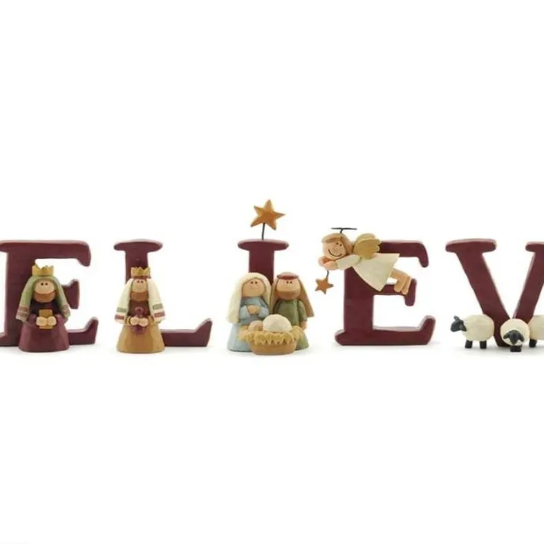 Conjunto de 7 letras em resina para natividade, decoração natalina, tamanho B-E-L-I-E-V-E em 1.75