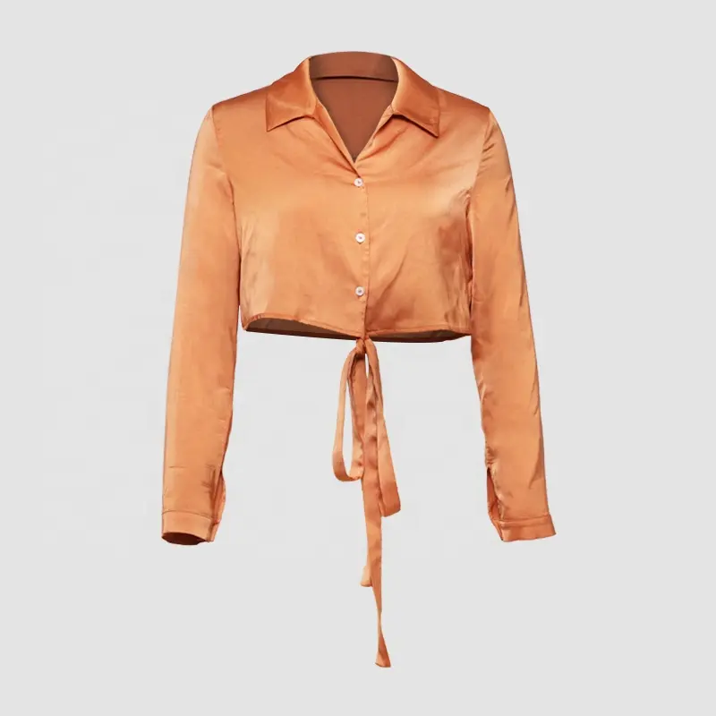 Blusa de satén con botones y cuello vuelto para mujer, camisa femenina de estilo Vintage, color naranja, con encaje