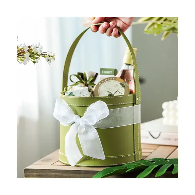 Ammy Leder Umarmung Eimer Avocados grün runde wasserdichte Blumen kasten Hand Eimer Bouquet Hochzeit Datum Hand Geschenk box