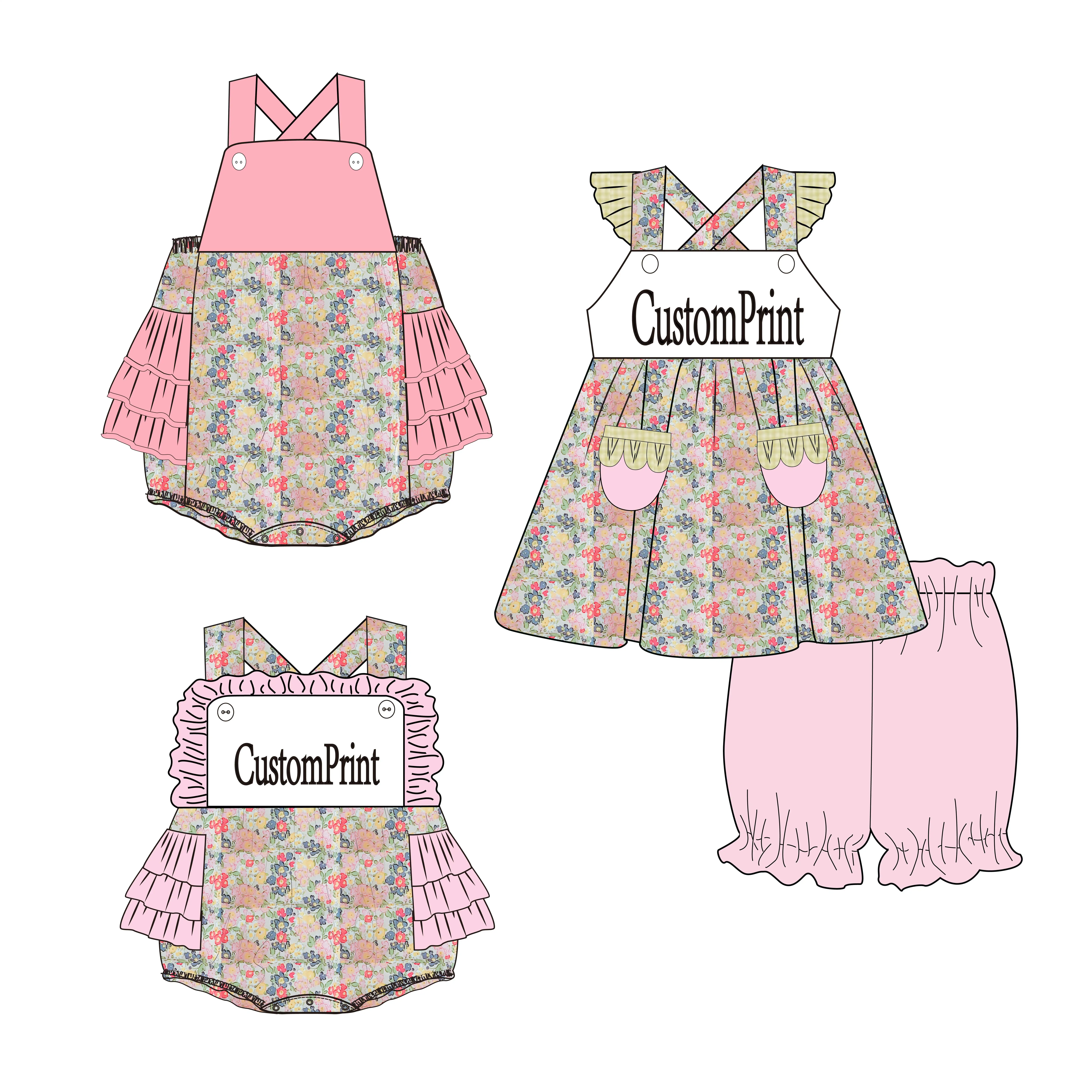 Yihui nombre personalizado último diseño ODM verano niños ropa conjunto bordado impreso bebé niña burbuja mameluco