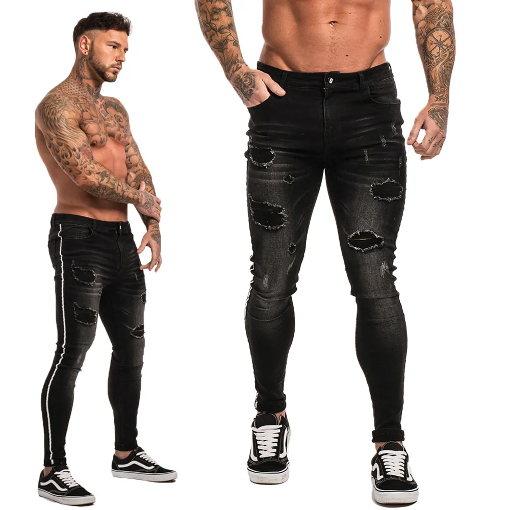 Горячая Распродажа Модные индивидуальные мужские узкие джинсы с боковой полосой рваные джинсовые брюки